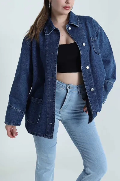 Lacivert Oversize Cepli Düğmeli Kadın Kot Ceket 483926