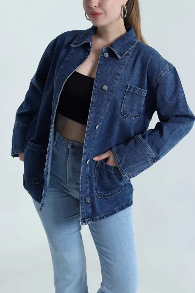 Lacivert Oversize Cepli Düğmeli Kadın Kot Ceket 483926