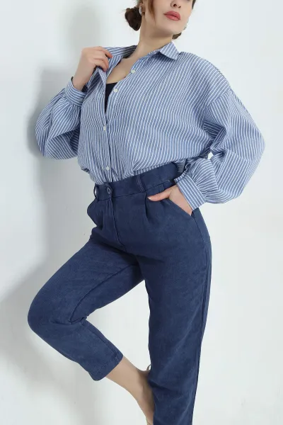 Lacivert Oversize Çizgili Bayan Keten Gömlek 336861