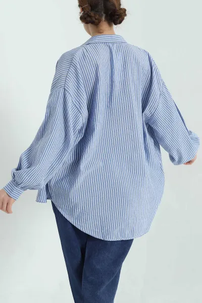Lacivert Oversize Çizgili Bayan Keten Gömlek 336861