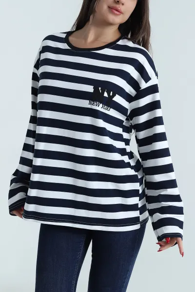 Lacivert Oversize Çizgili Nakışlı Oysho Kadın Sweat 492881