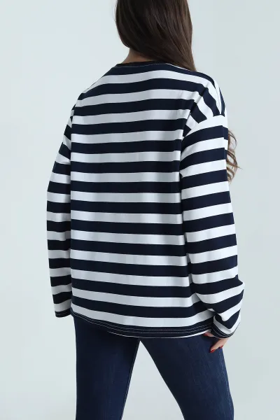 Lacivert Oversize Çizgili Nakışlı Oysho Kadın Sweat 492881