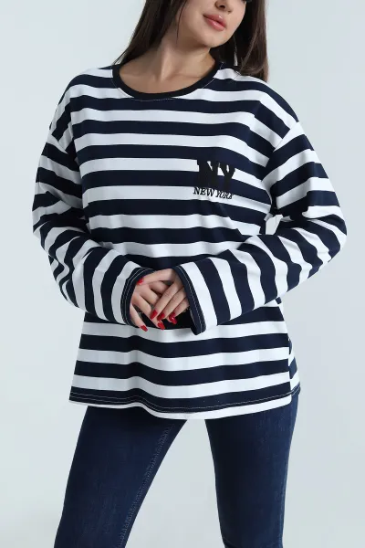Lacivert Oversize Çizgili Nakışlı Oysho Kadın Sweat 492881