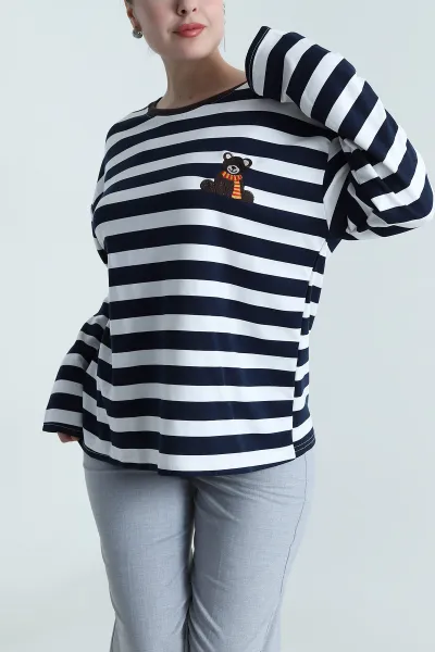 Lacivert Oversize Çizgili Nakışlı Oysho Kadın Sweat 492885