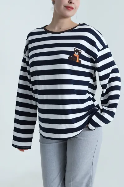Lacivert Oversize Çizgili Nakışlı Oysho Kadın Sweat 492885