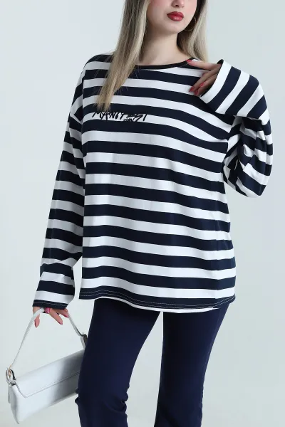 Lacivert Oversize Çizgili Nakışlı Oysho Kadın Sweat 492889