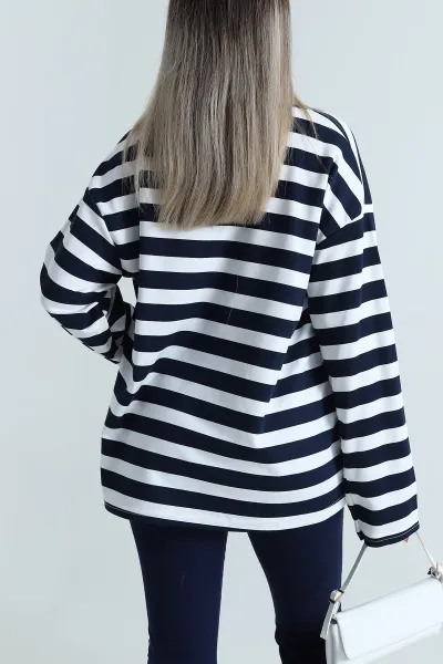 Lacivert Oversize Çizgili Nakışlı Oysho Kadın Sweat 492889