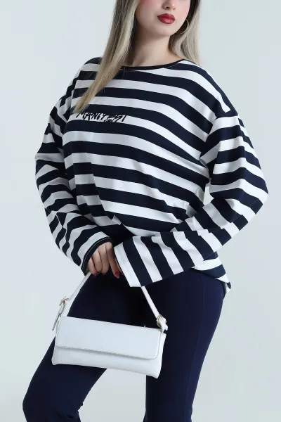 Lacivert Oversize Çizgili Nakışlı Oysho Kadın Sweat 492889