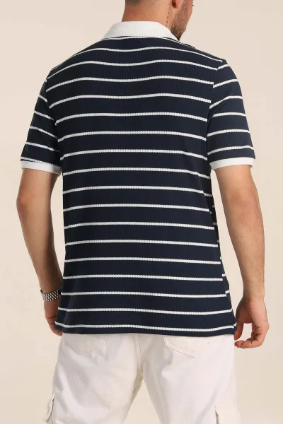 Lacivert Oversize Çizgili Petek Dokulu Polo Yaka Erkek Triko Tişört 354053