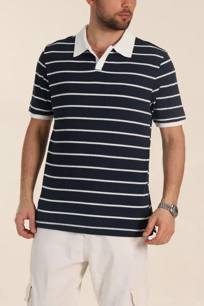 Lacivert Oversize Çizgili Petek Dokulu Polo Yaka Erkek Triko Tişört 354053
