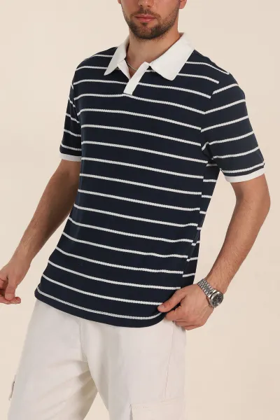 Lacivert Oversize Çizgili Petek Dokulu Polo Yaka Erkek Triko Tişört 354053