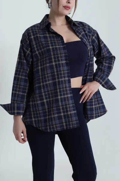 Lacivert Oversize Ekose Kadın Gömlek 485544