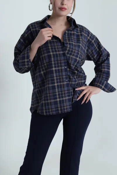 Lacivert Oversize Ekose Kadın Gömlek 485544