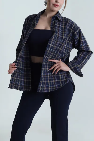 Lacivert Oversize Ekose Kadın Gömlek 485544