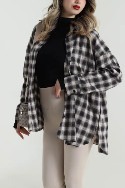 Lacivert Oversize Ekose Kadın Gömlek 496841