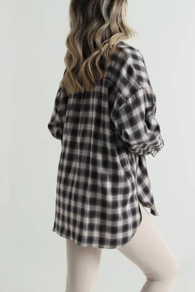 Lacivert Oversize Ekose Kadın Gömlek 496841