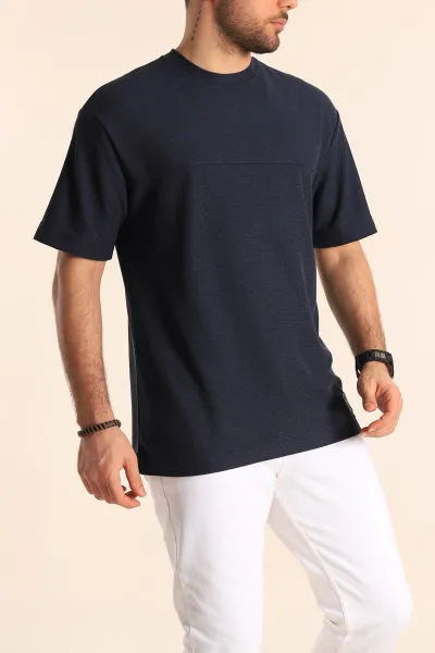 Lacivert Oversize Jakarlı Dikiş Detaylı Erkek Tişört 253350