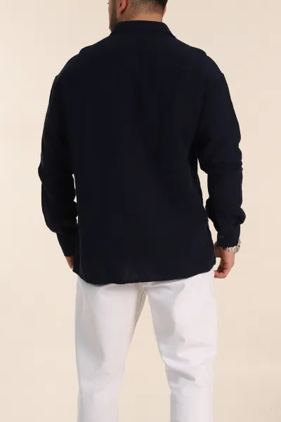 Lacivert Oversize Müslin Keten Uzun Kollu Erkek Gömlek 347736