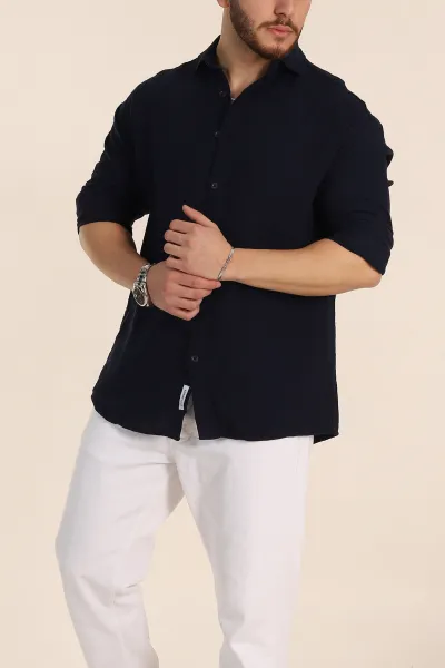 lacivert-oversize-muslin-keten-uzun-kollu-erkek-gomlek-347736