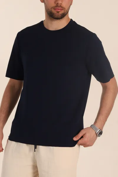 Lacivert Oversize Oysho Kumaş Yırtmaç Detaylı Basic Erkek Tişört 354221