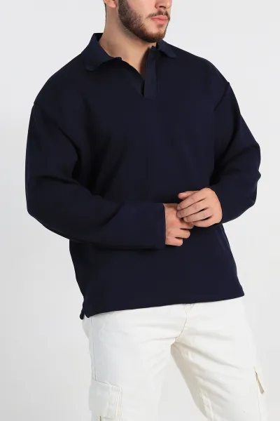 Lacivert Oversize Polo Yaka Erkek Sweatshirt 306970