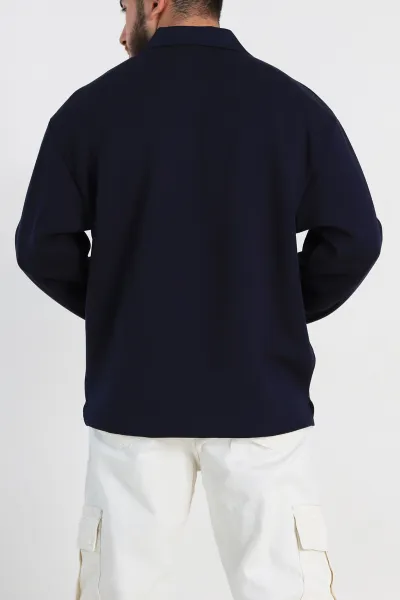 Lacivert Oversize Polo Yaka Erkek Sweatshirt 306970