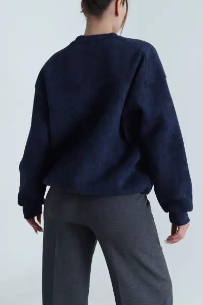 Lacivert Oversize Şardonlu Üç İp Kadın Sweat 486706