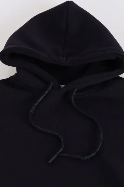 Lacivert Oversize Üç İp Şardonlu Erkek Basic Kapüşonlu Sweatshirt 398909