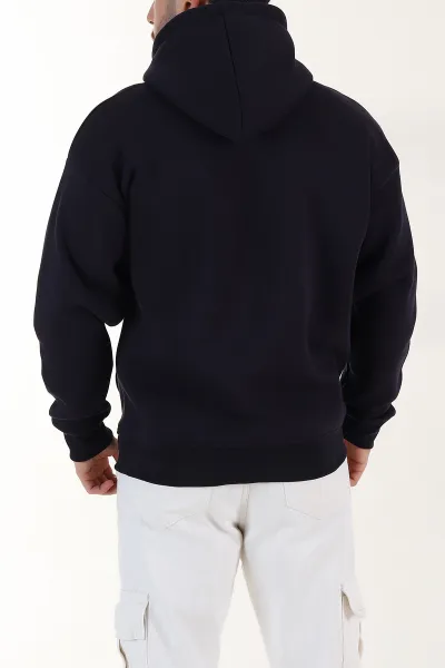 Lacivert Oversize Üç İp Şardonlu Erkek Basic Kapüşonlu Sweatshirt 398909