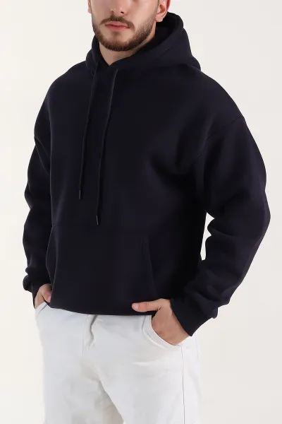 Lacivert Oversize Üç İp Şardonlu Erkek Basic Kapüşonlu Sweatshirt 398909
