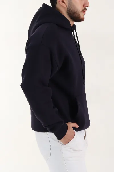 Lacivert Oversize Üç İp Şardonlu Erkek Basic Kapüşonlu Sweatshirt 398909