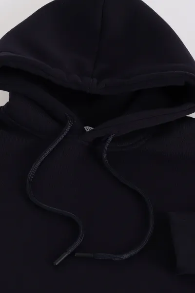 Lacivert Oversize Üç İp Şardonlu Erkek Basic Kapüşonlu Sweatshirt 398909