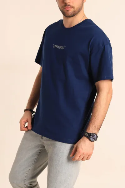 Lacivert Oversize Yazı Detay Erkek Tişört 247983