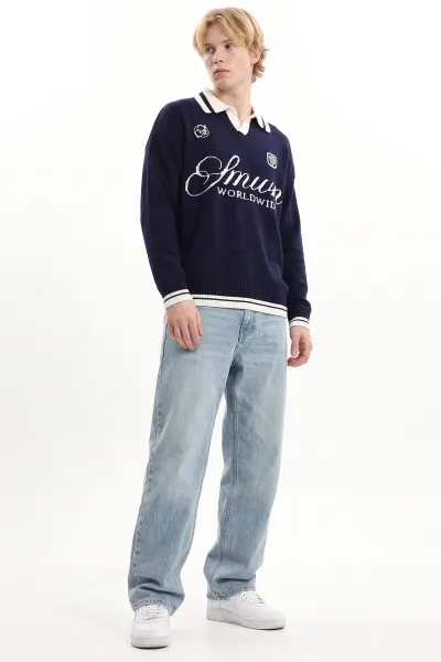 Lacivert Oversize Yazı Detaylı Polo Yaka Erkek Triko Kazak 491834