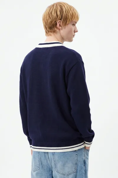 Lacivert Oversize Yazı Detaylı Polo Yaka Erkek Triko Kazak 491834