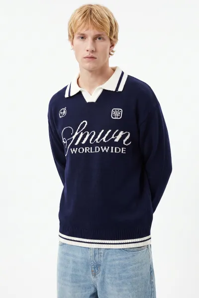 lacivert-oversize-yazi-detayli-polo-yaka-erkek-triko-kazak-491834