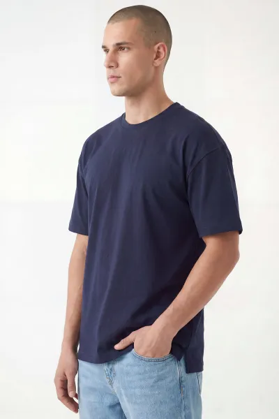 Lacivert Oversize Oysho Kumaş Bisiklet Yaka Erkek Tişört 453871