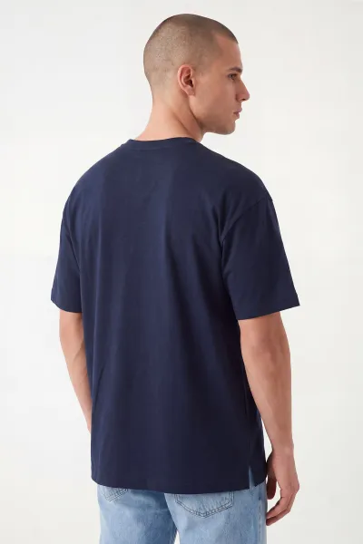 Lacivert Oversize Oysho Kumaş Bisiklet Yaka Erkek Tişört 453871