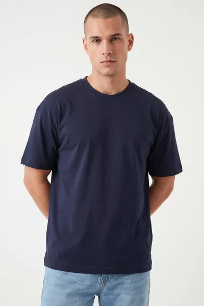 Lacivert Oversize Oysho Kumaş Bisiklet Yaka Erkek Tişört 453871
