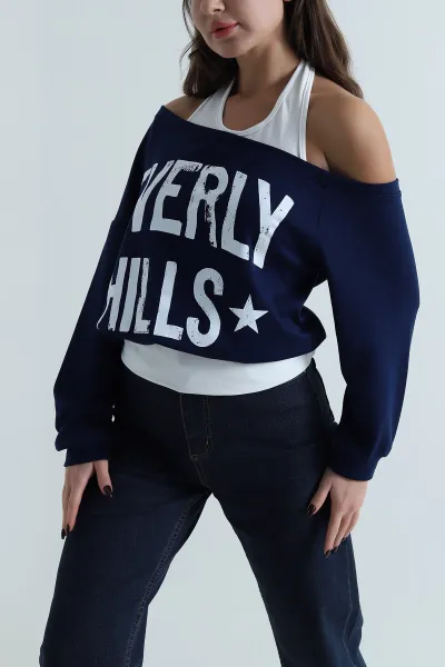 Lacivert Oysho Garnili Baskılı Kadın Sweat 498842