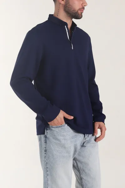 Lacivert Oysho Kumaş Düğmeli Polo Yaka Erkek Sweatshirt 406023
