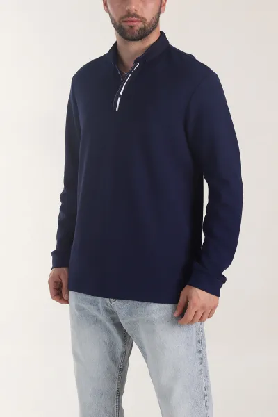 Lacivert Oysho Kumaş Düğmeli Polo Yaka Erkek Sweatshirt 406023