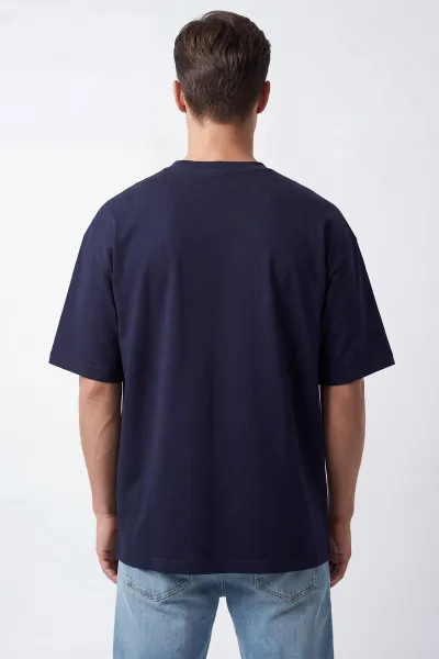 Koyu Lacivert Oysho Kumaş Oversize Bisiklet Yaka Erkek Tişört 438914