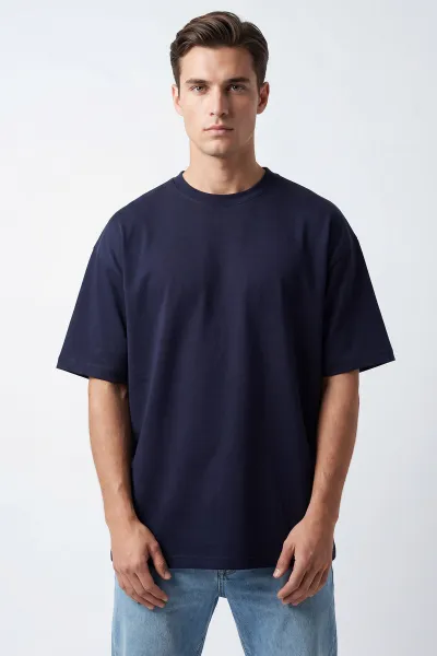 koyu-lacivert-oysho-kumas-oversize-bisiklet-yaka-erkek-tisort-438914