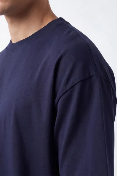 Koyu Lacivert Oysho Kumaş Oversize Bisiklet Yaka Erkek Tişört 438914