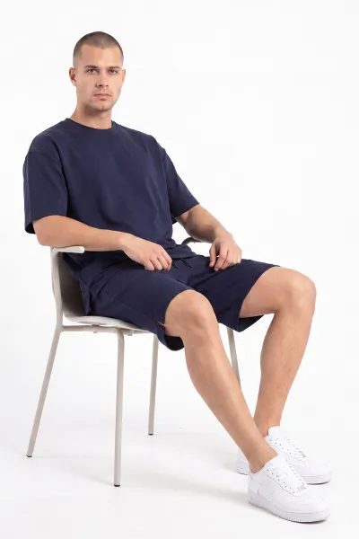 Lacivert Oysho Kumaş Oversize Erkek Şortlu Takım 467616