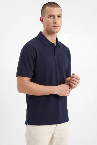 Lacivert Oysho Kumaş Polo Yaka Düğme Detaylı Erkek Tişört 462260