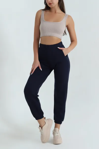 Lacivert Paça Çıtçıtlı Modal Kadın Pantolon 381467