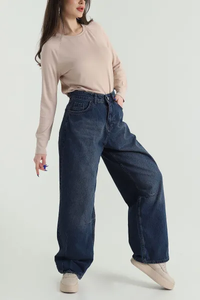 Lacivert Paça Pileli Baggy Kadın Kot Pantolon 427477