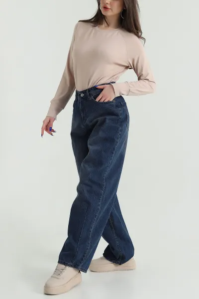 Lacivert Paça Pileli Baggy Kadın Kot Pantolon 427477